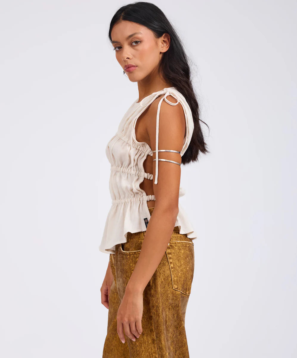 Evelyn Ruched Tie Top Cream