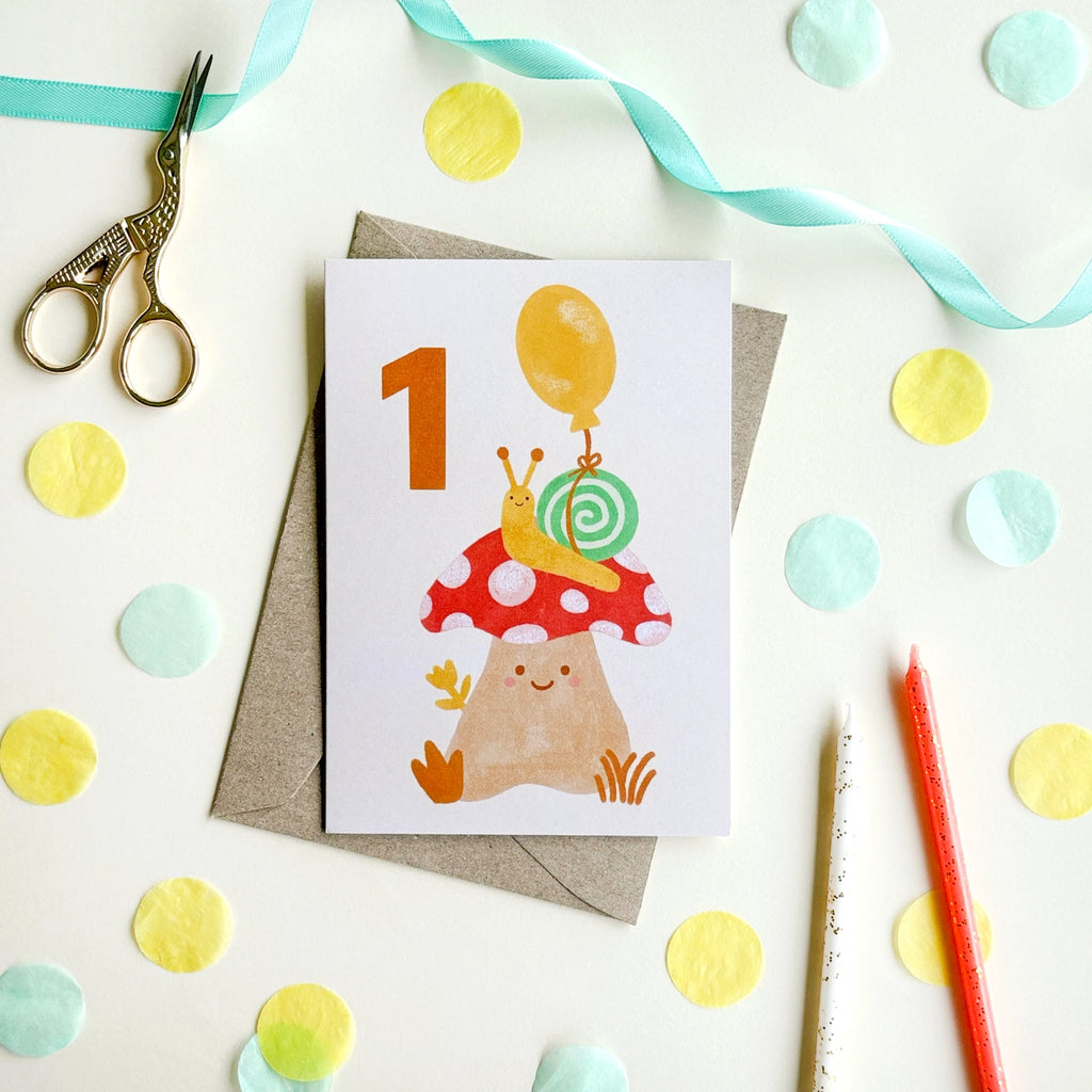 ONE Mushroom Snail Bday Card