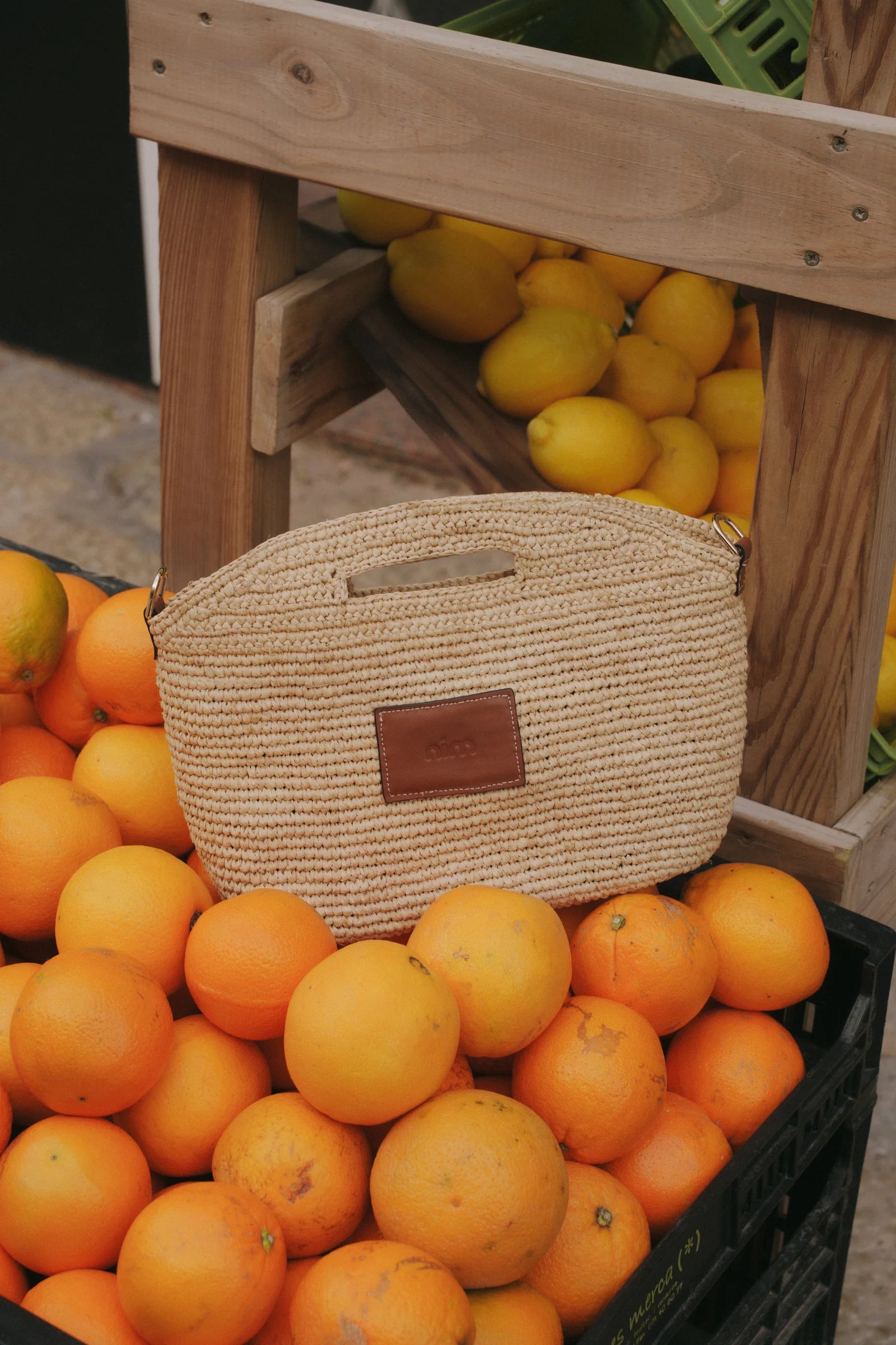 Leather Trim Raffia Mini