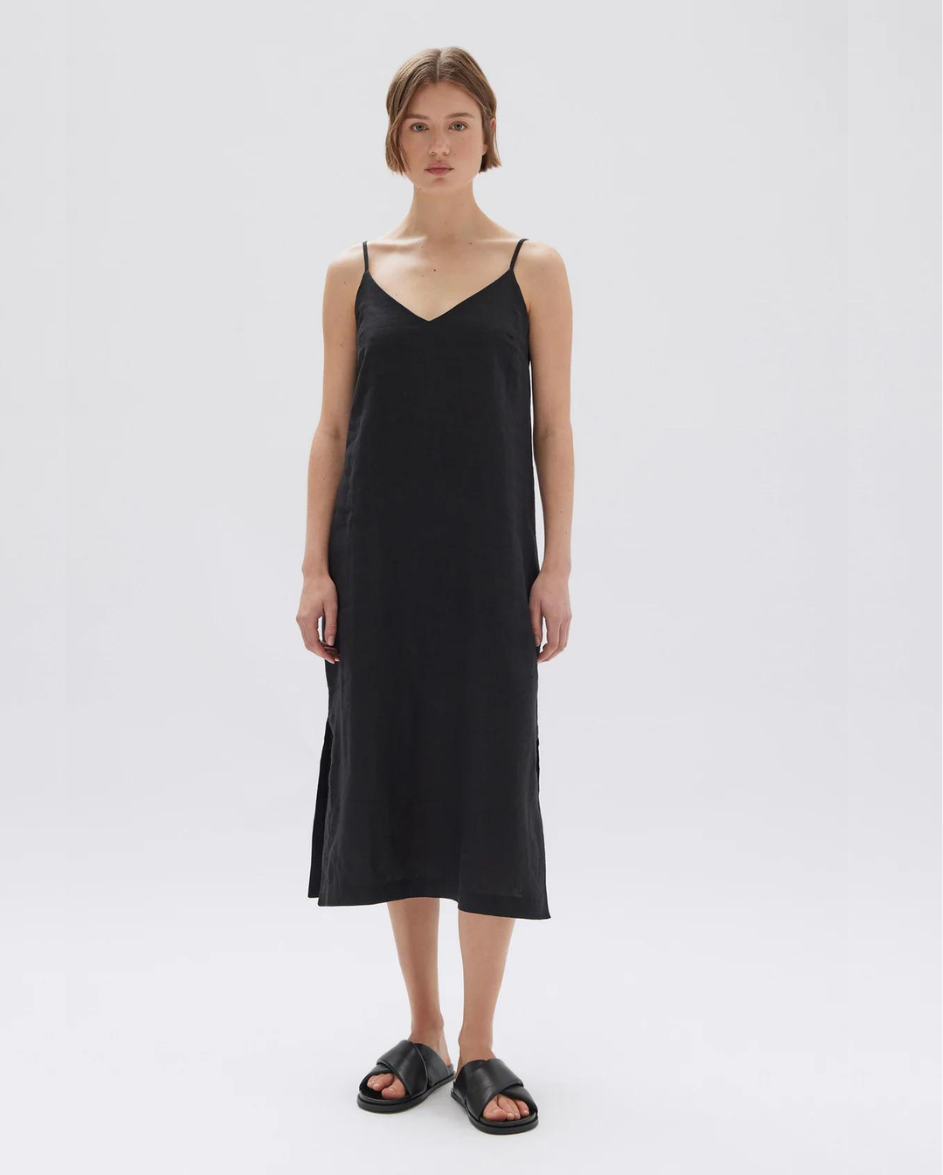 Vallory Linen Slip Dress Black