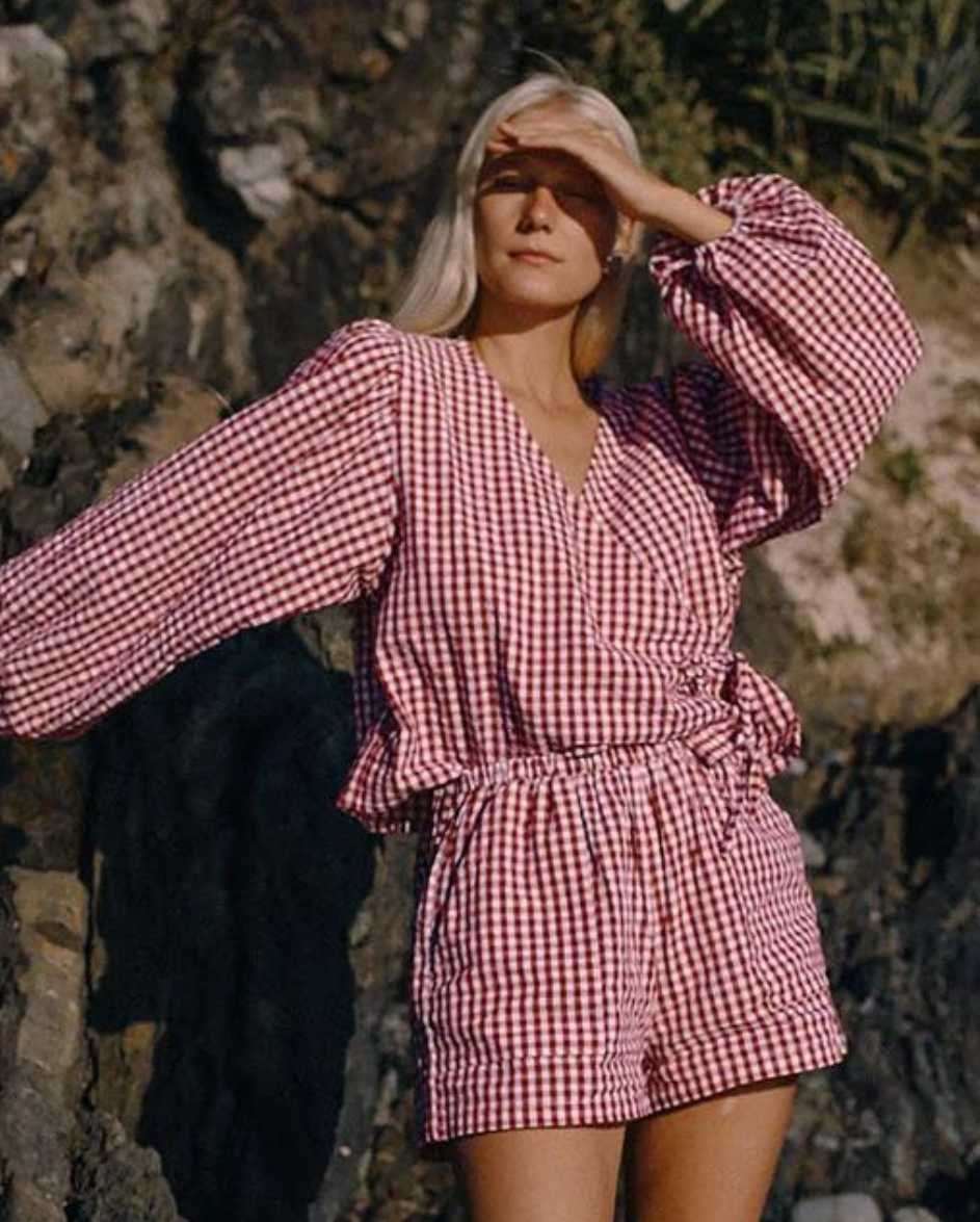 Ella LS Wrap Top Red Gingham