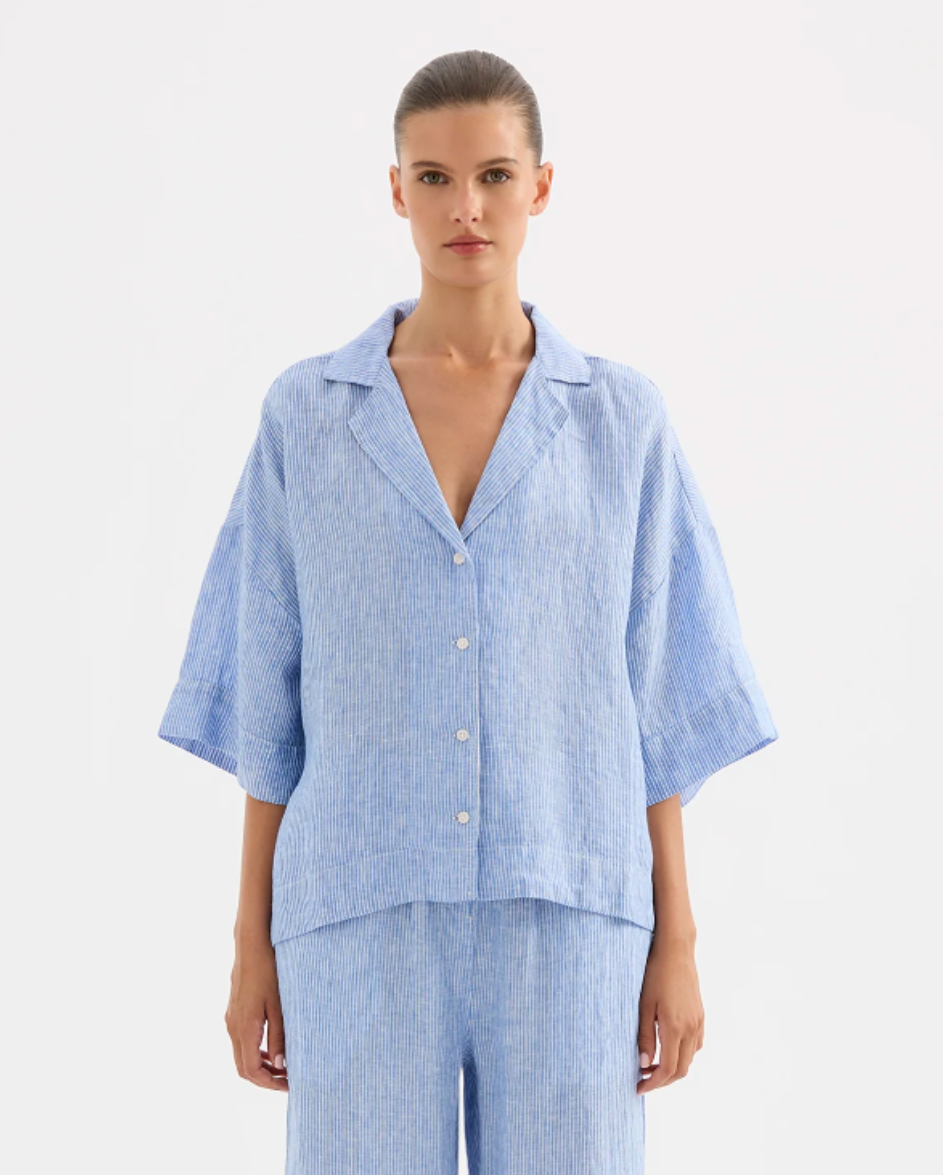 Lounge Stripe Linen Shirt Blue