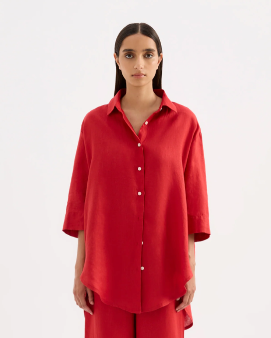 Lounge Linen Longline Shirt Vermillion