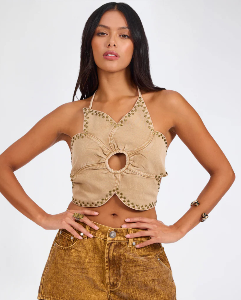 Denim Flower Backless Top