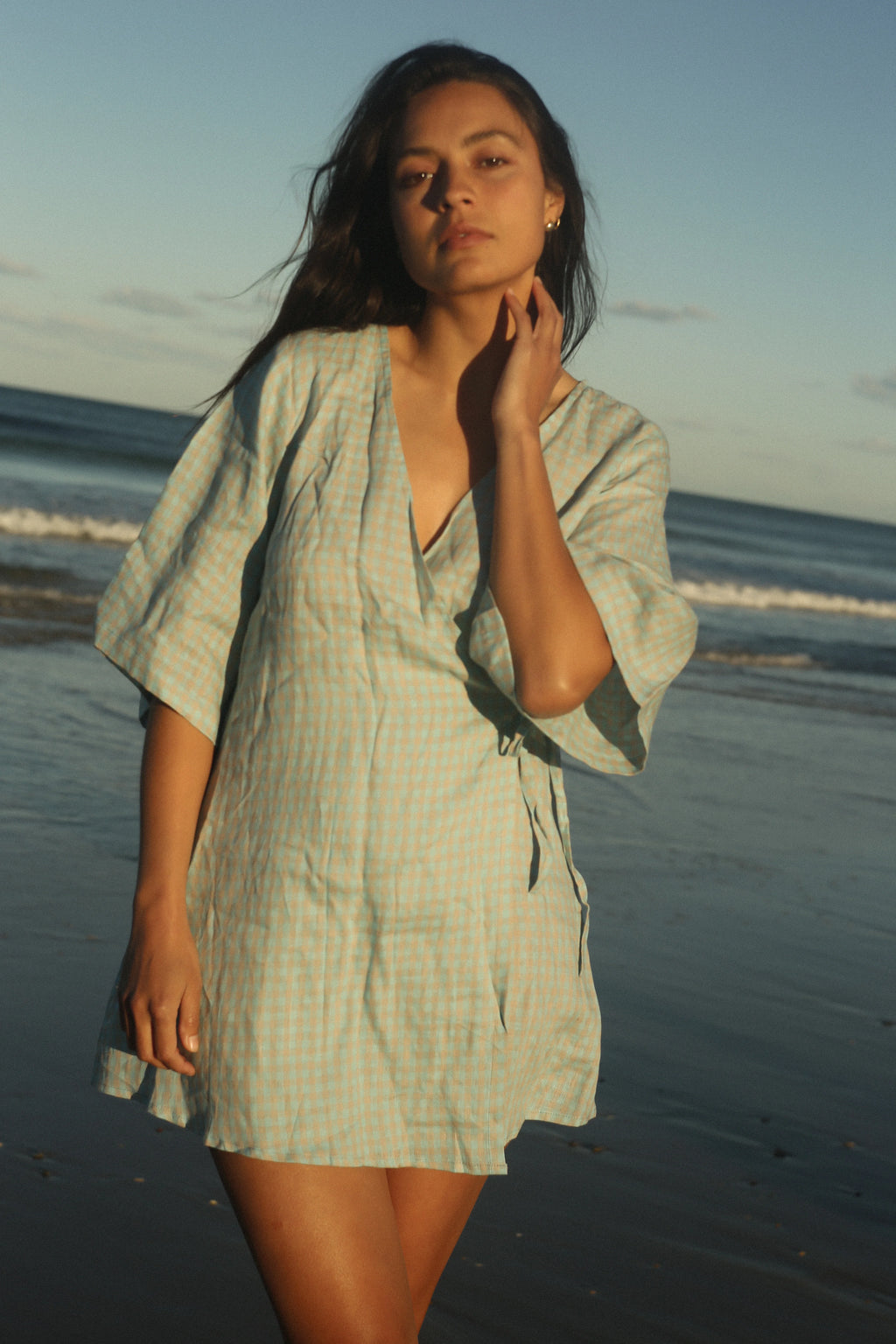 Mia Wrap Mini Dress Blue Beige