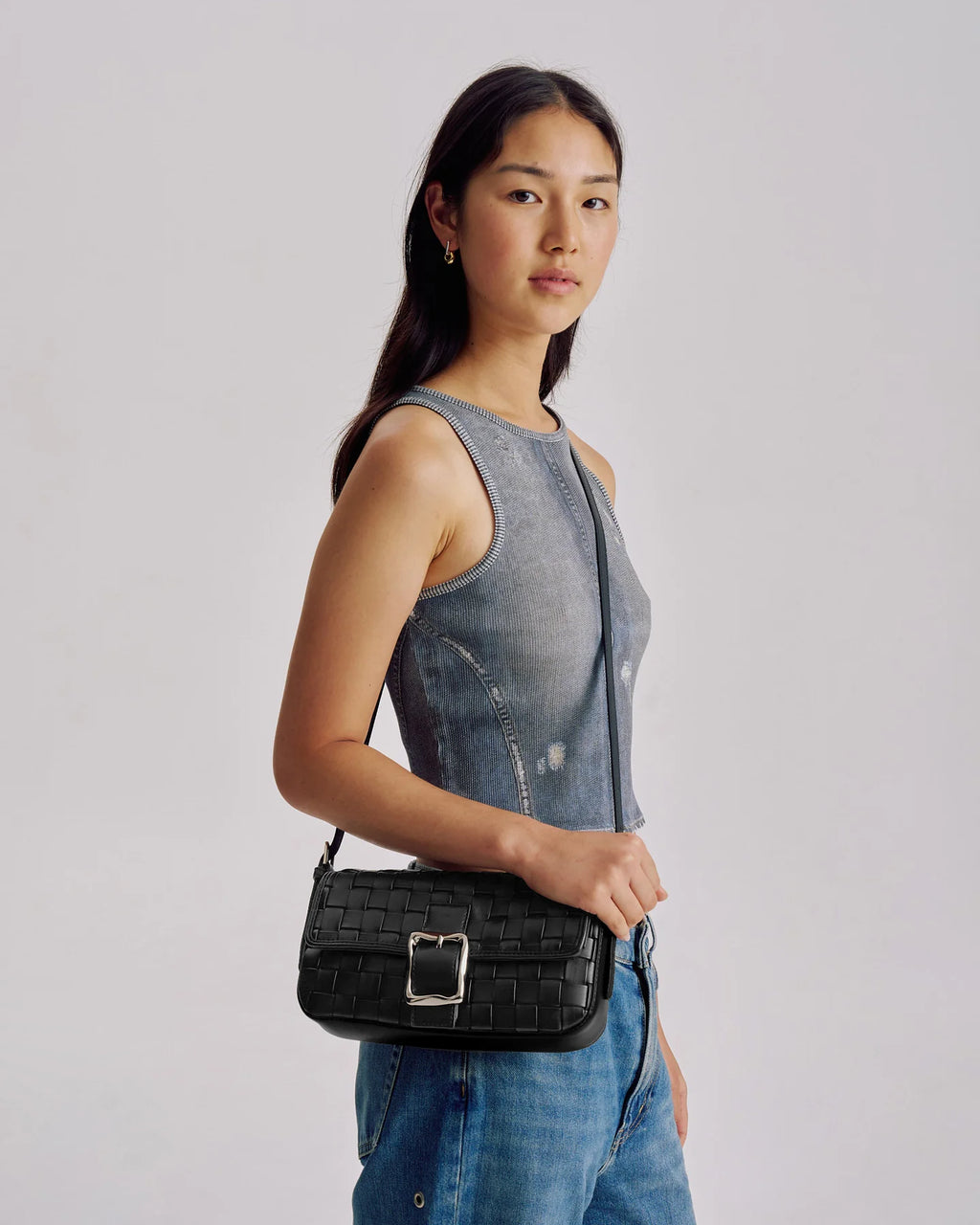 Lena Woven Baguette Bag Black