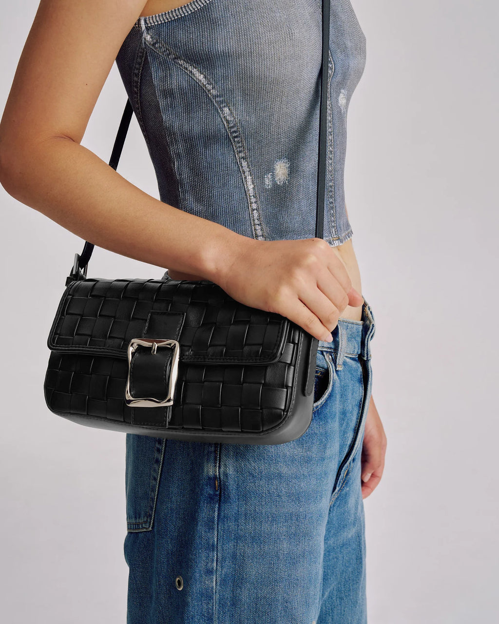 Lena Woven Baguette Bag Black