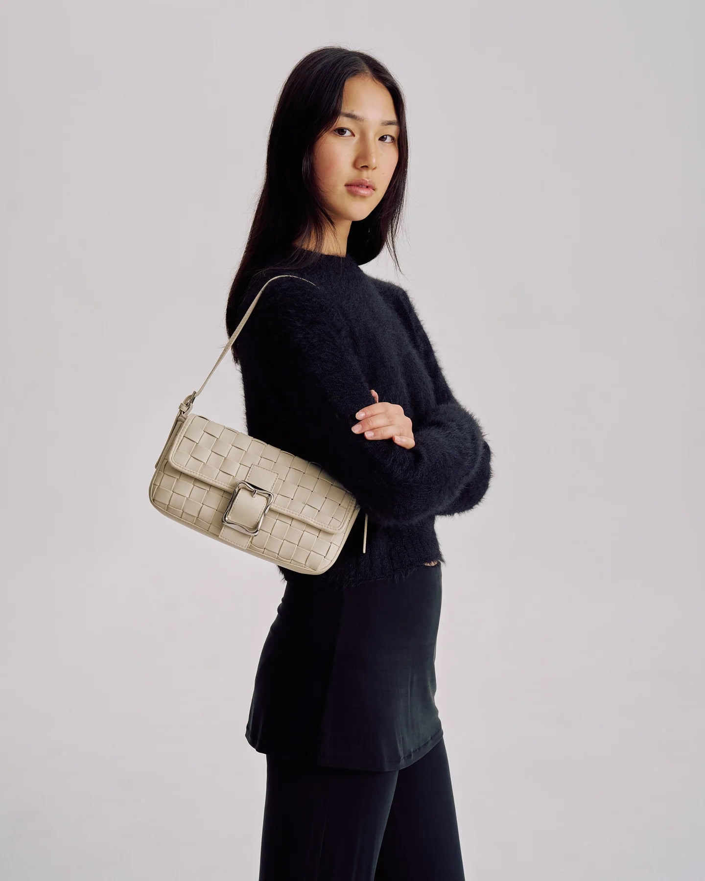 Lena Woven Baguette Bag Ecru