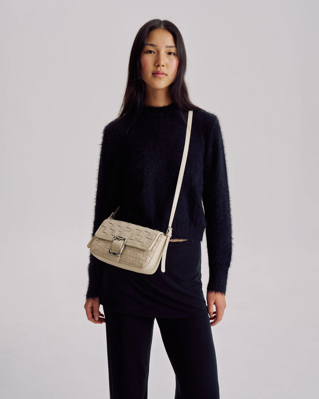 Lena Woven Baguette Bag Ecru