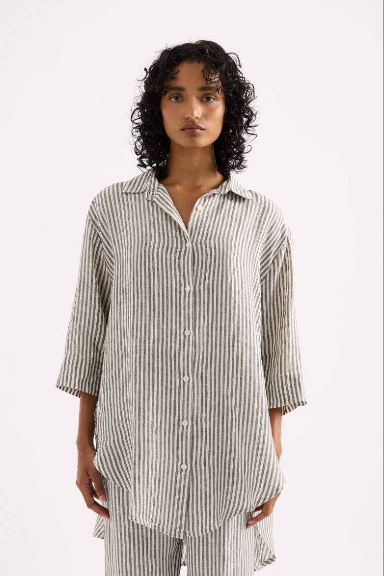Lounge Stripe Linen Long Shirt Blk