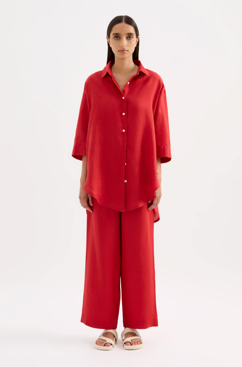 Lounge Linen Longline Shirt Vermillion