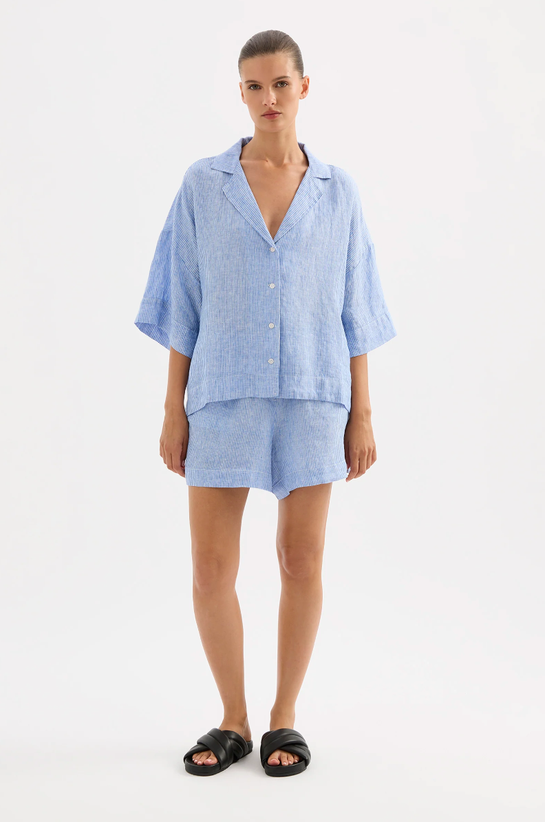 Lounge Stripe Linen Short Blue