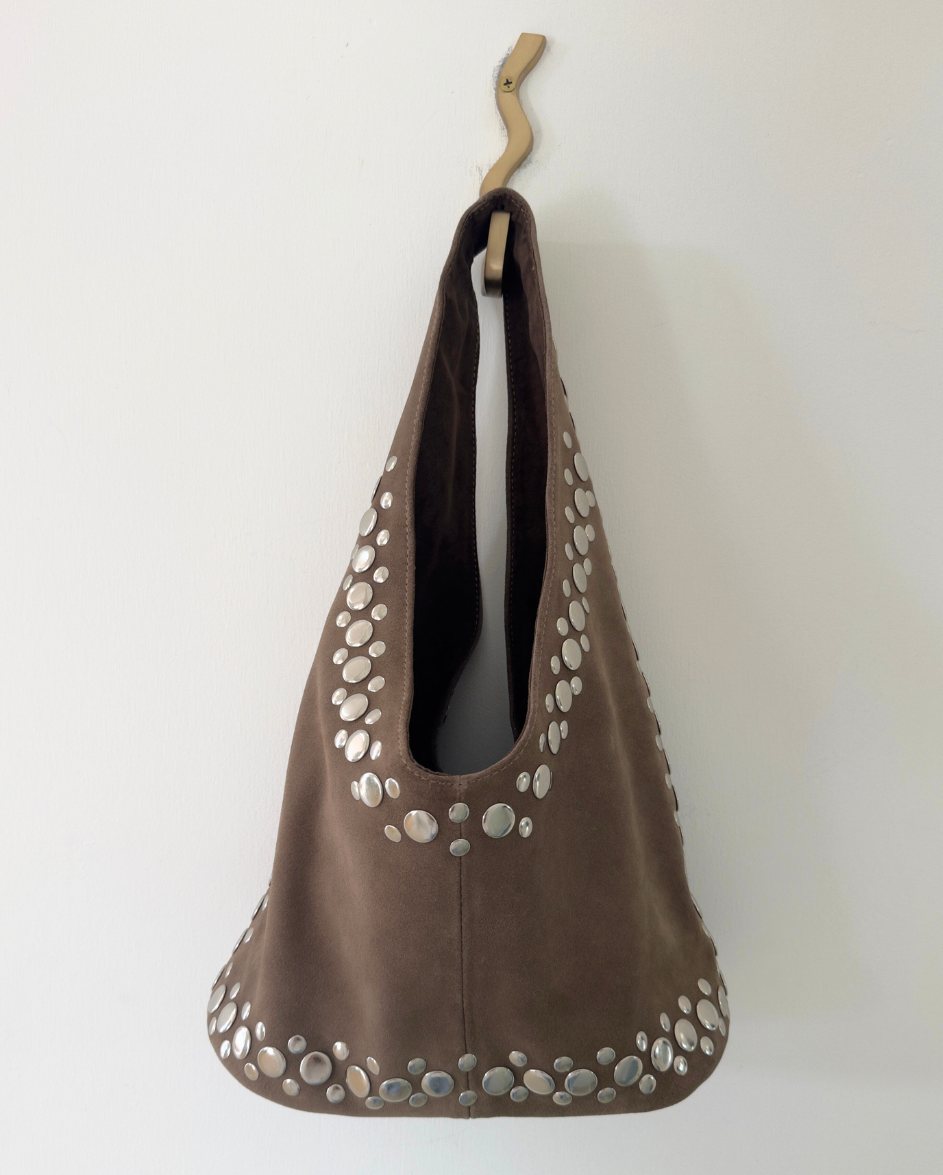 Leather Suede Stud Bag Taupe