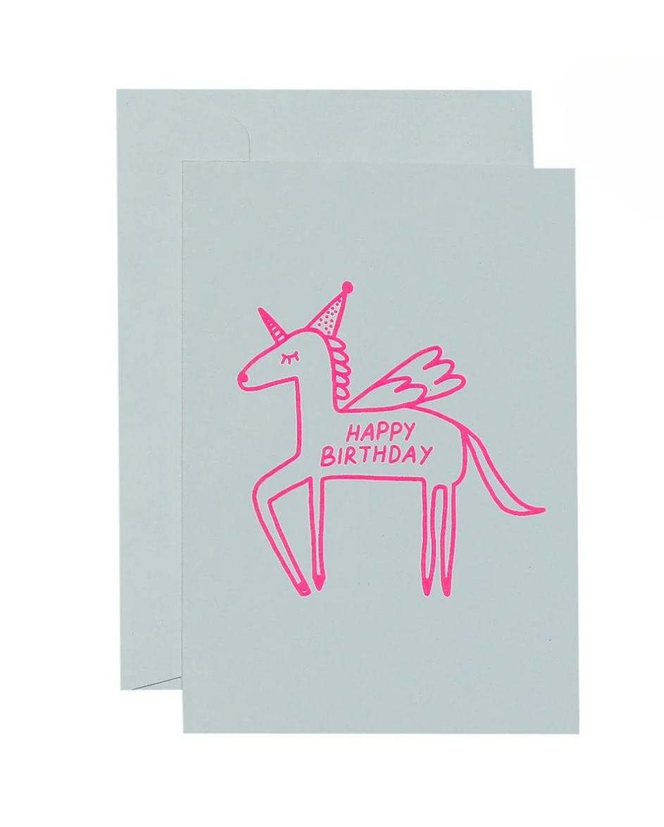 Flying Unicorn Card Neon Pink
