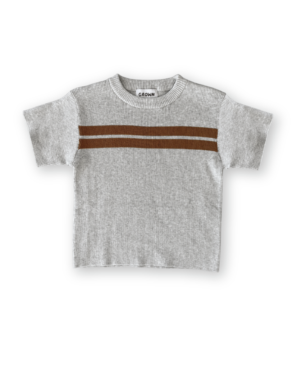 Twin Striped Ribbed Knit Tee Grey