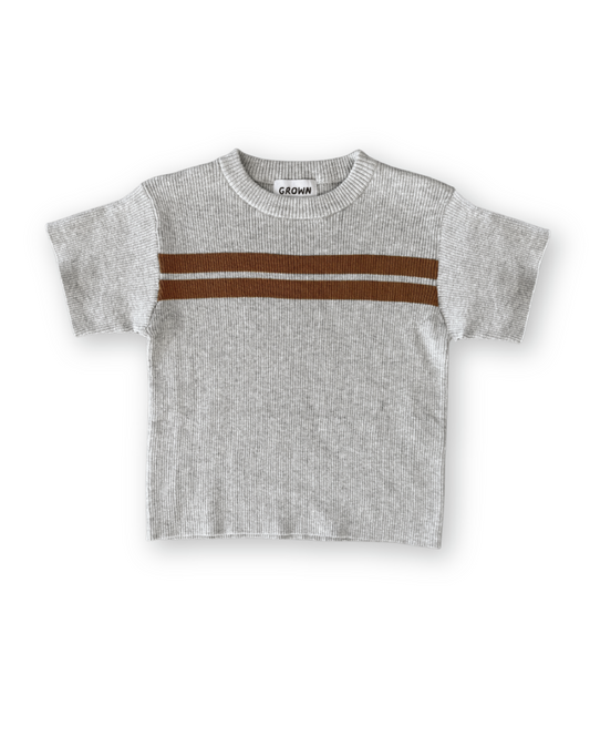 Twin Striped Ribbed Knit Tee Grey