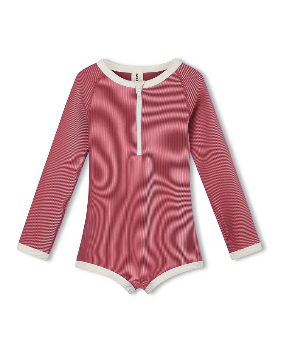 Mini Stripe Rashie Onesie - Clay Red