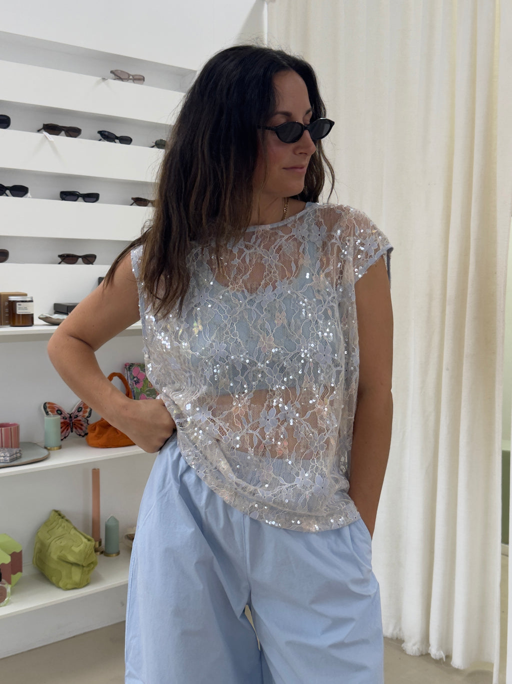 Sheer Muse Top Blue Sequin