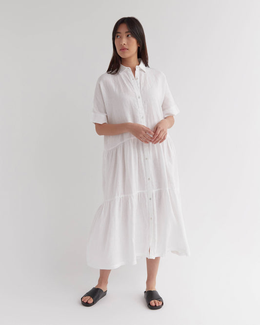 Tiered Linen Shirt Dress White