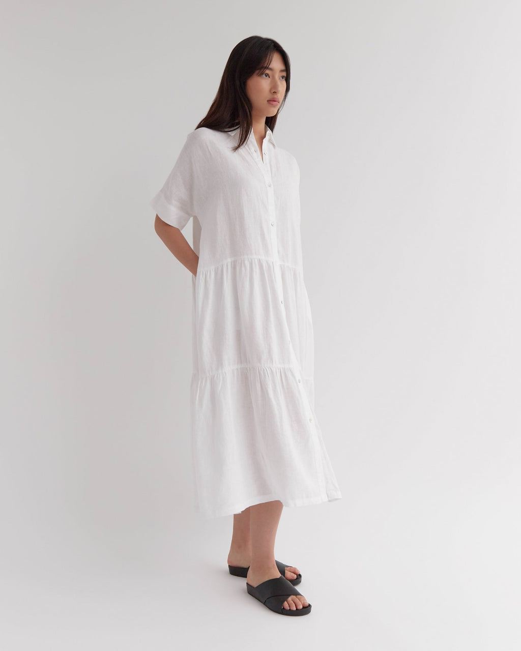 Tiered Linen Shirt Dress White