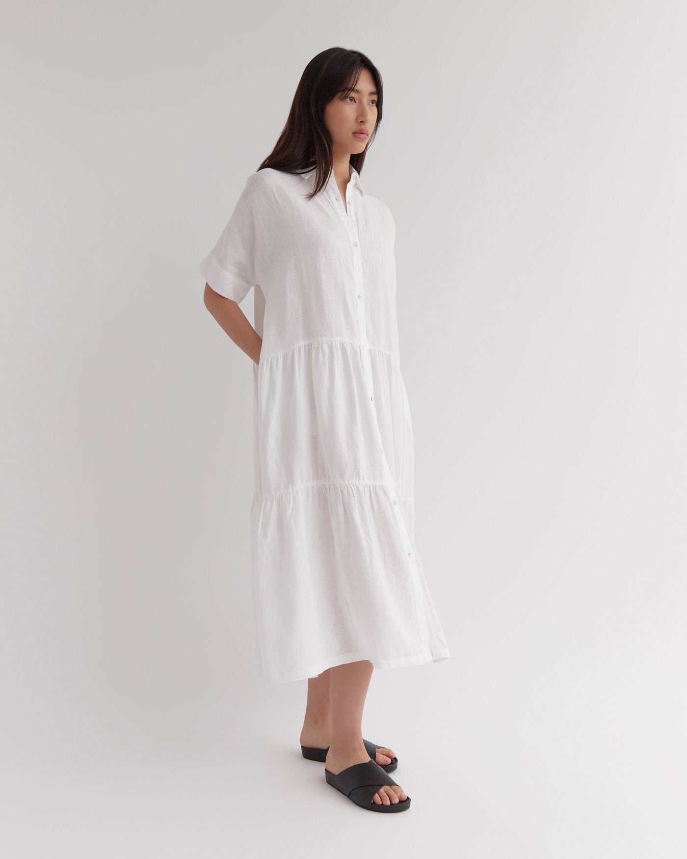 Tiered Linen Shirt Dress White