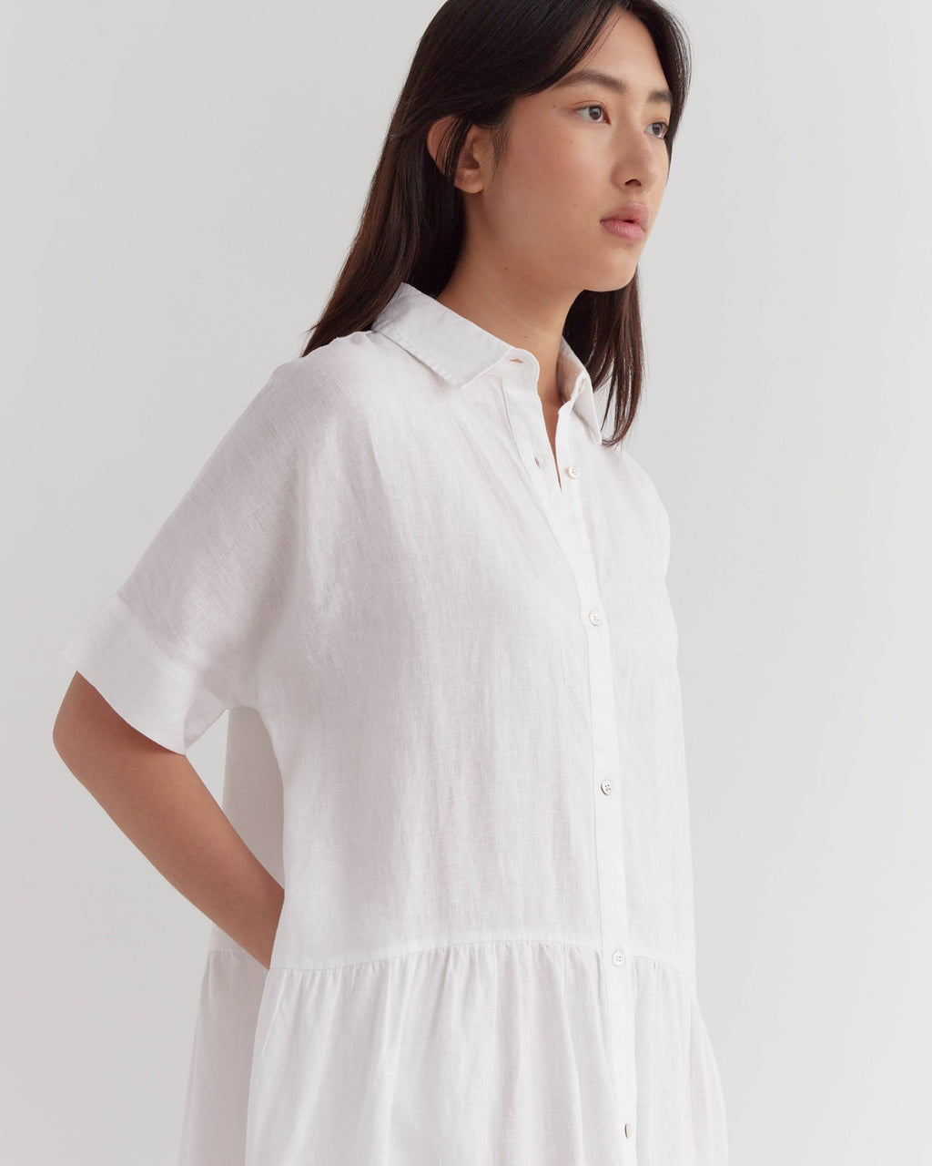 Tiered Linen Shirt Dress White
