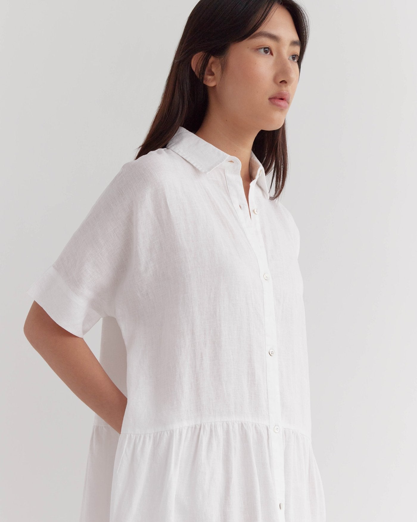 Tiered Linen Shirt Dress White
