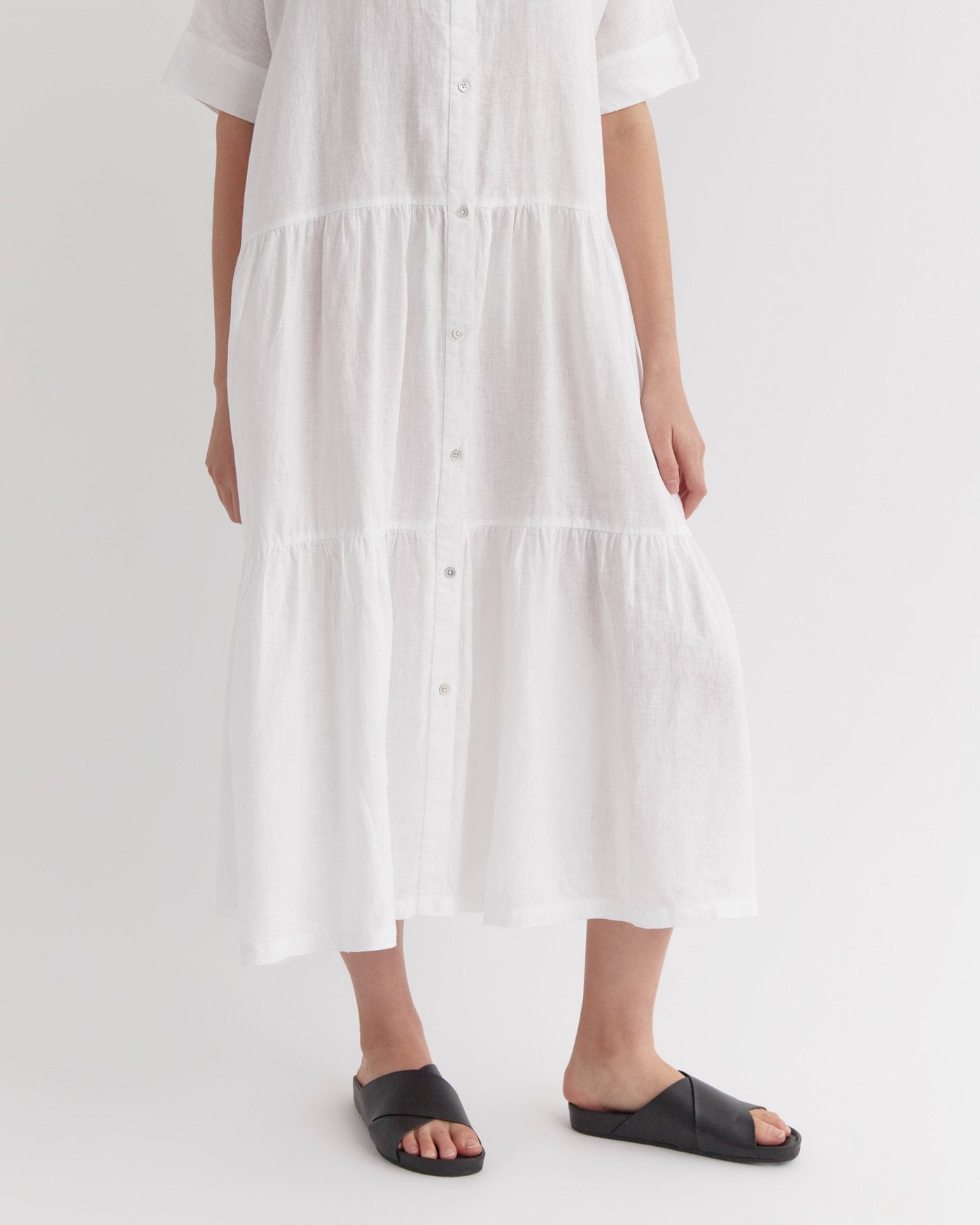 Tiered Linen Shirt Dress White