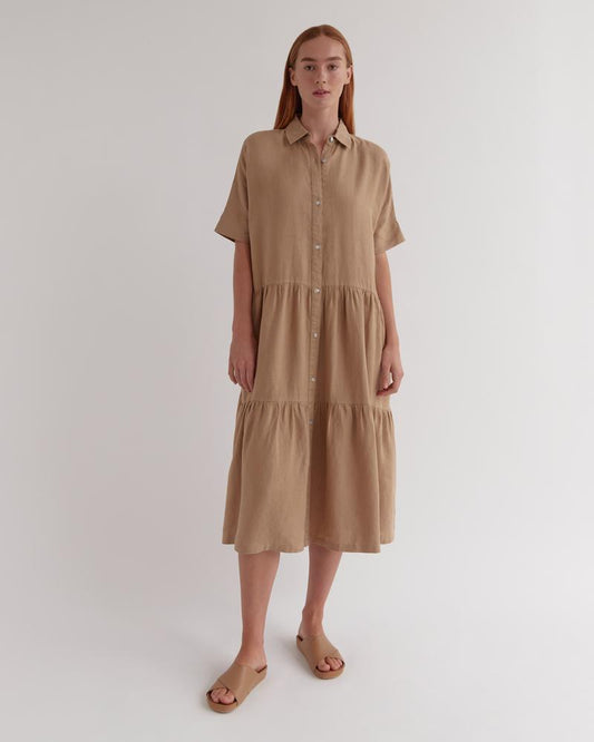 Tiered Linen Shirt Dress Camel